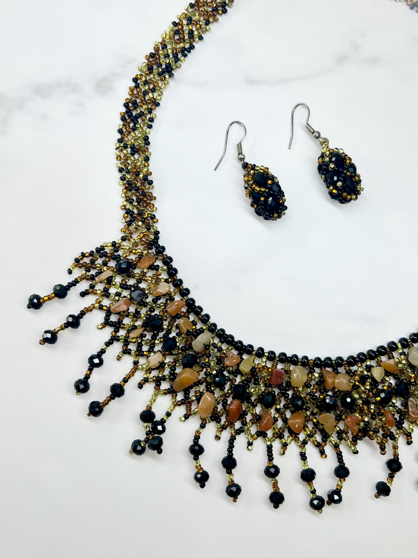 Chocolate Beaded Necklace and Earrings