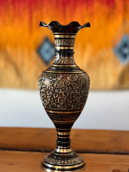 Indian Black & Gold Hand-Carved Vase