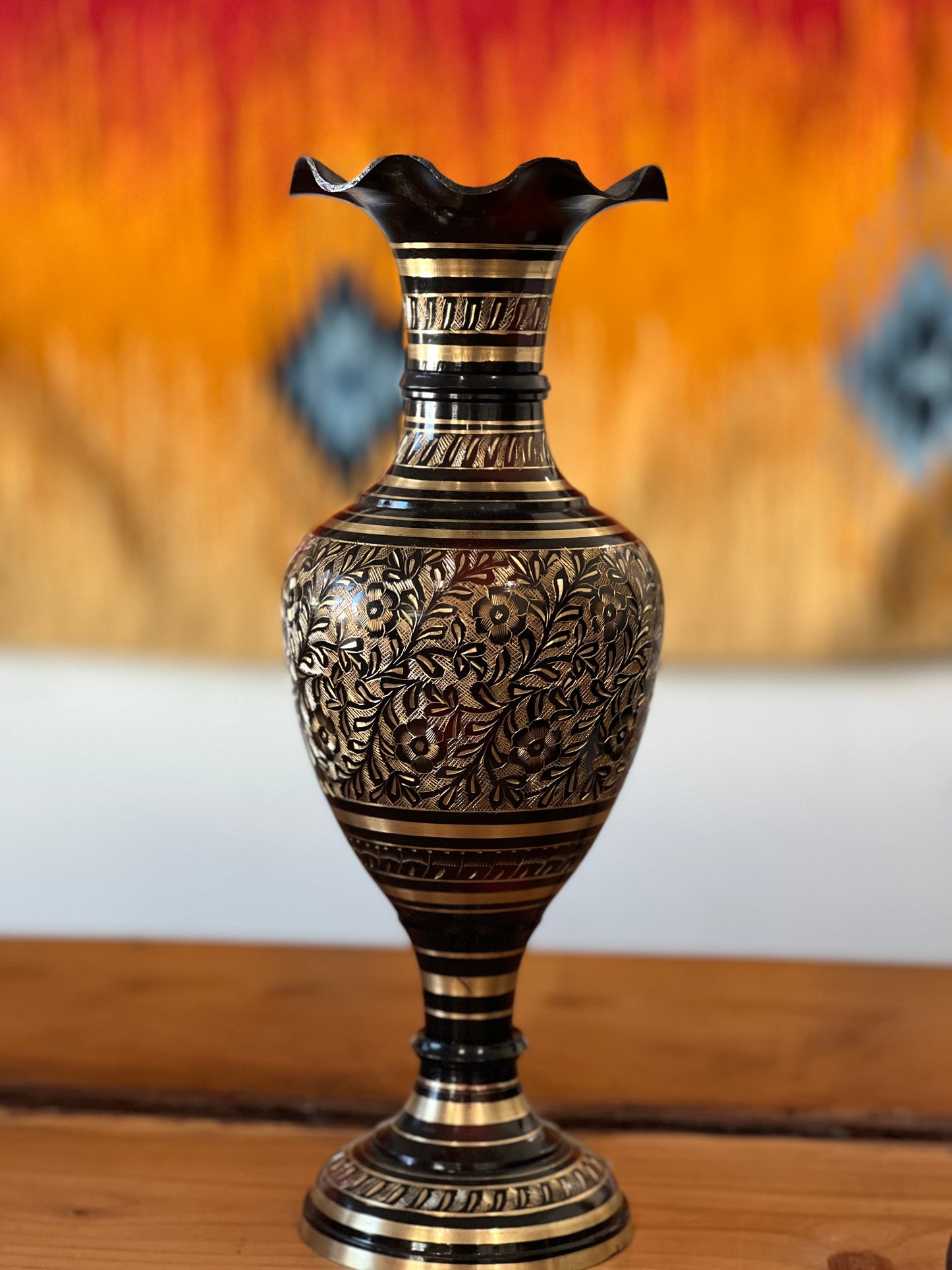 Indian Black & Gold Hand-Carved Vase